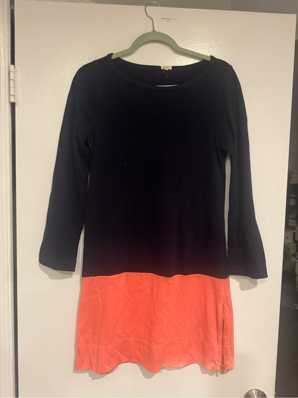 J. Crew Navy and Coral Colorblock Long-Sleeve Knit Stretch Dress